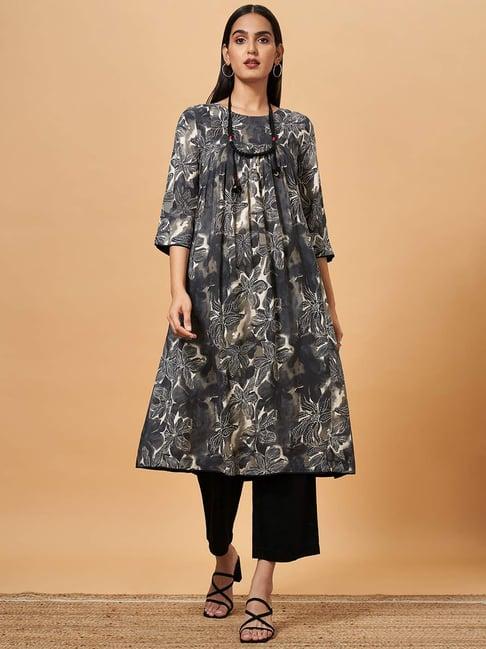 marigold lane grey floral print a line kurta