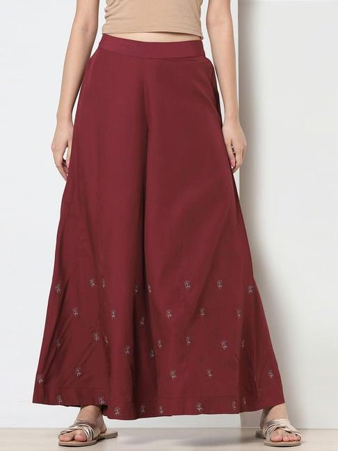 marigold lane maroon embroidered flared palazzos