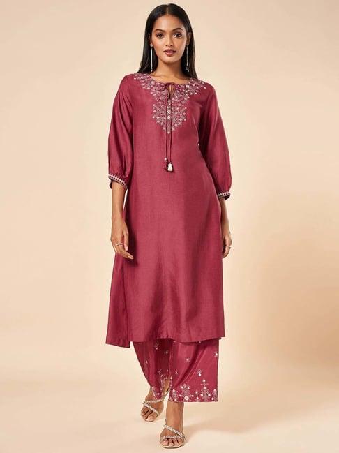 marigold lane maroon embroidered kurta palazzo set