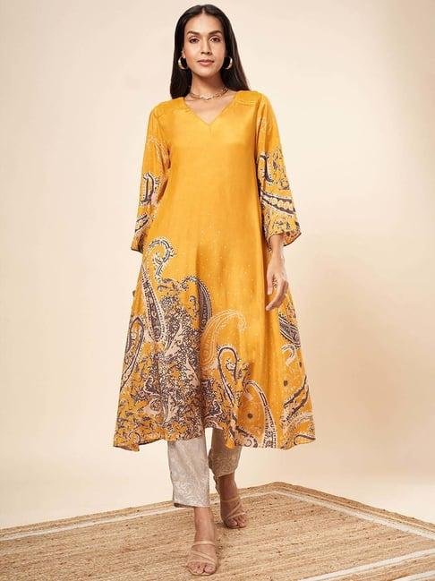 marigold lane mustard printed a line kurta