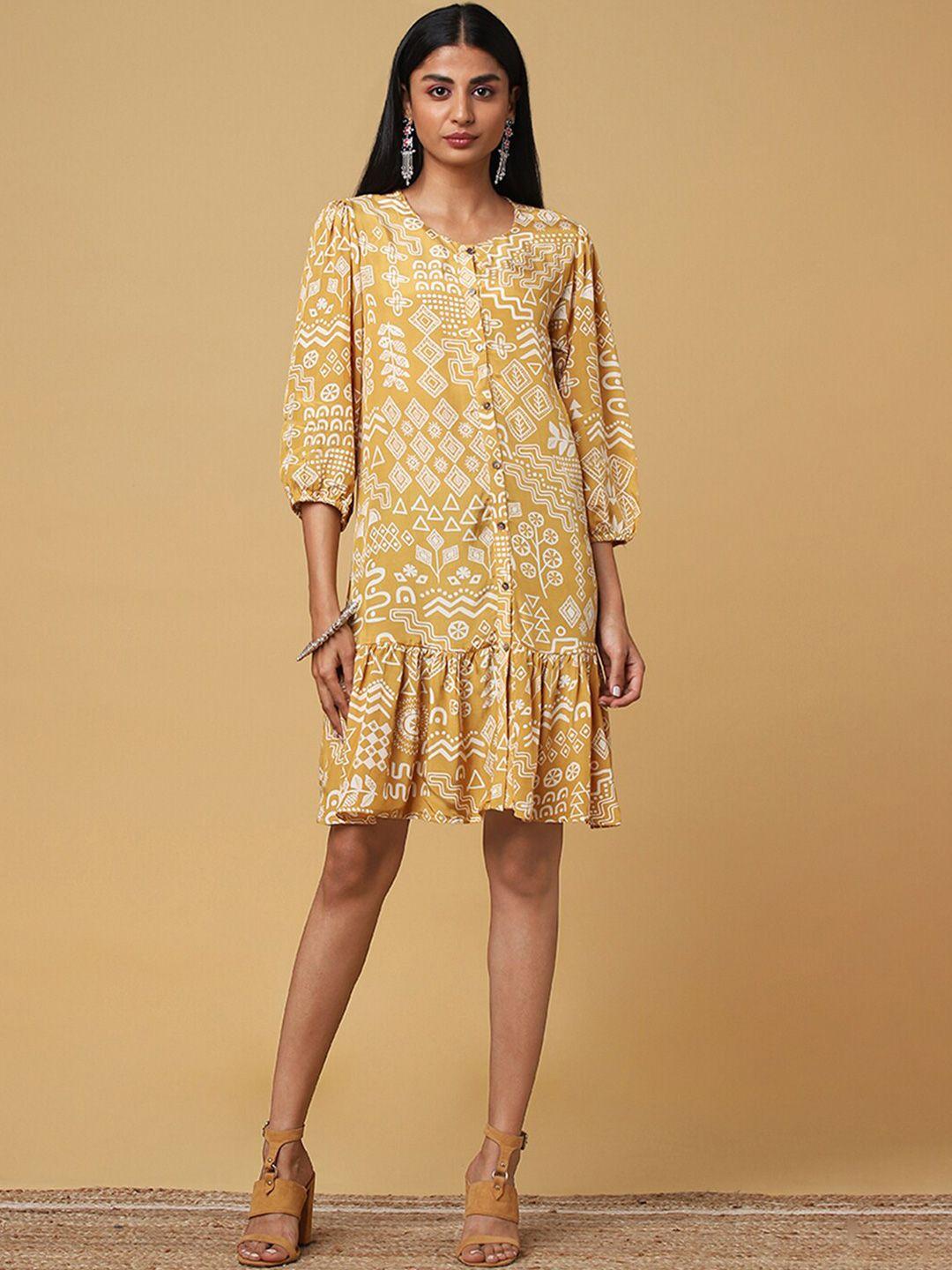 marigold lane mustard yellow floral print puff sleeve a-line dress