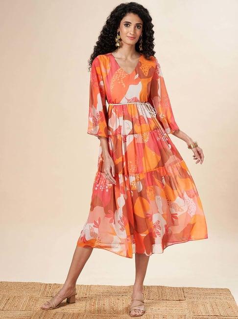 marigold lane orange printed a-line dress