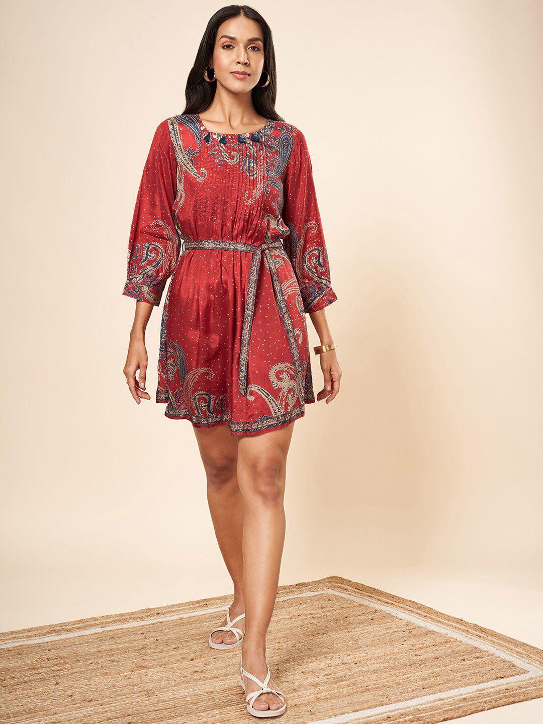 marigold lane paisley ethnic motifs printed cuffed sleeves gathered silk a-line dress