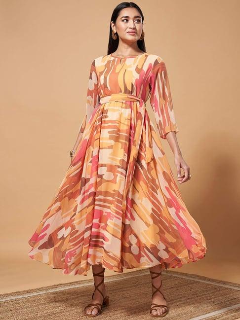 marigold lane peach printed maxi dress