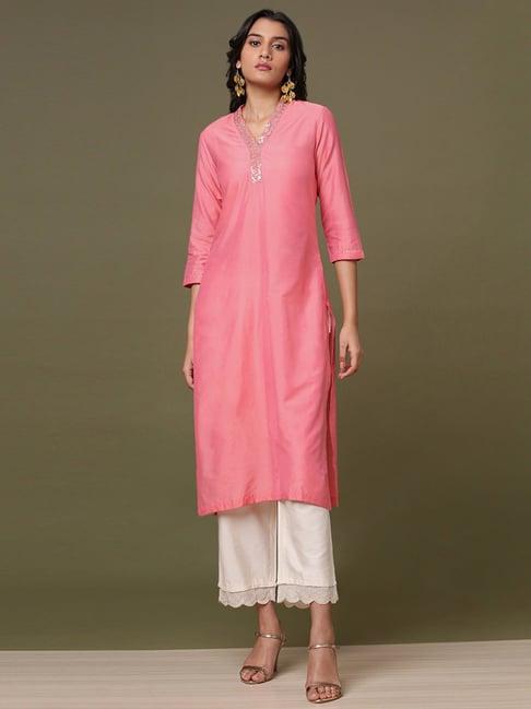 marigold lane pink embellished straight kurta