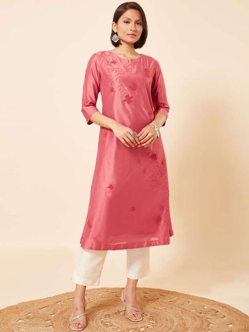 marigold lane pink embroidered straight kurta