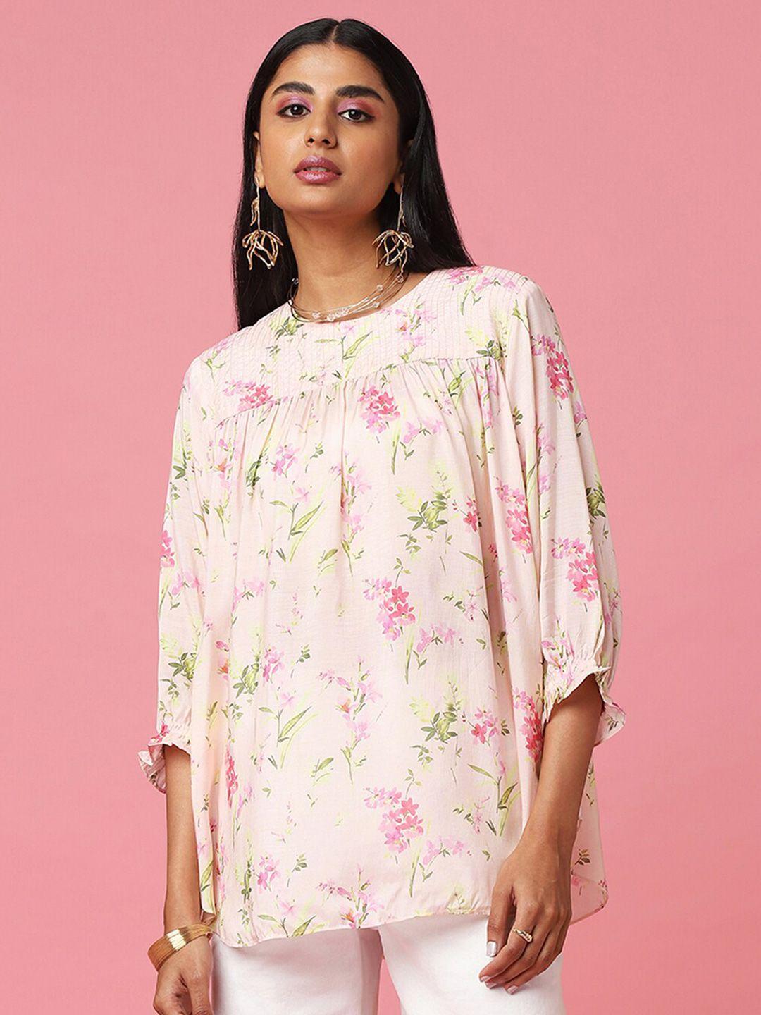 marigold lane pink floral print flared sleeve kaftan top