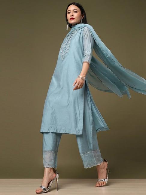 marigold lane powder blue embroidered kurta pant set with dupatta