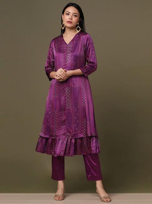 marigold lane purple printed kurta pant set