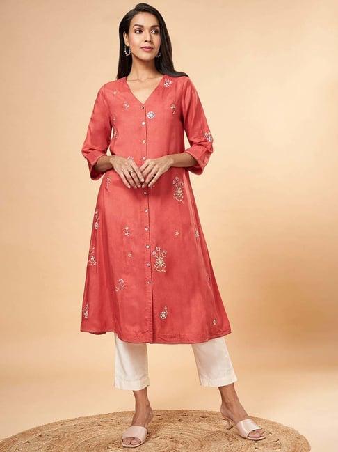 marigold lane rust embroidered fit & flare kurta