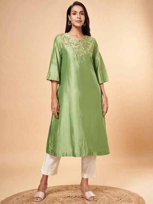 marigold lane sage green embroidered straight kurta