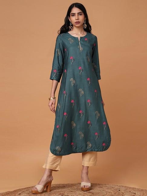 marigold lane teal green printed straight kurta