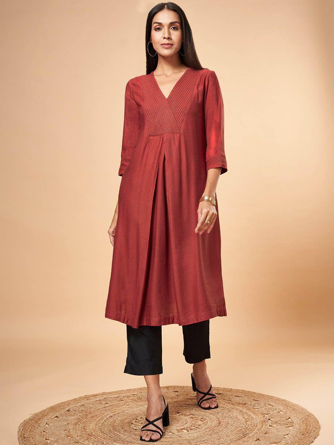 marigold lane v-neck three-quarter sleeves a-line kurta