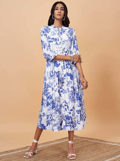 marigold lane white & blue floral print a-line dress