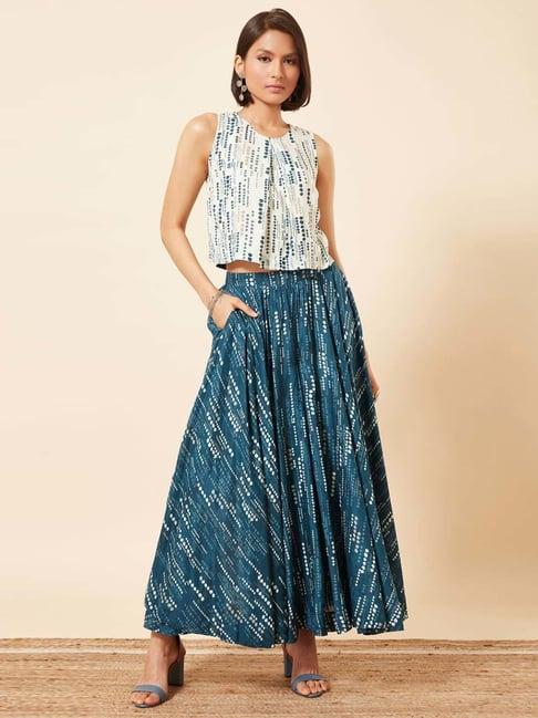 marigold lane white & blue printed top skirt set with dupatta