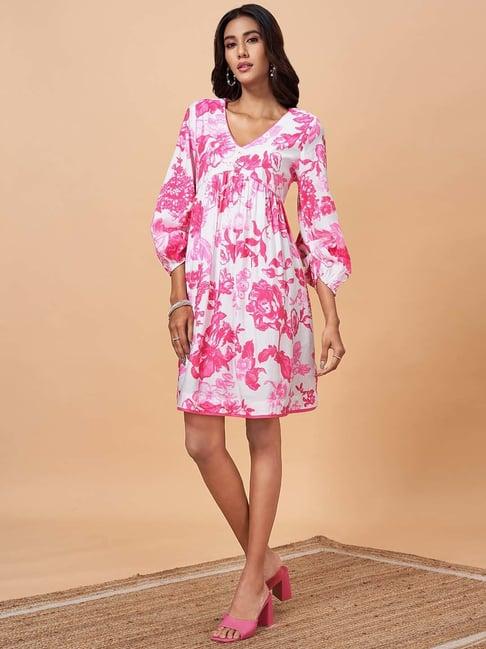 marigold lane white & pink floral print a-line dress