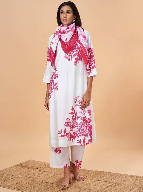 marigold lane white floral print kurta pant set with scarf