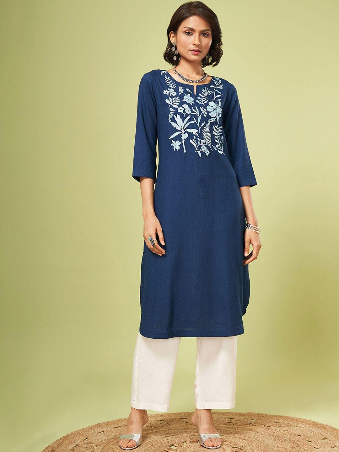 marigold lane women blue floral embroidered keyhole neck thread work kurta