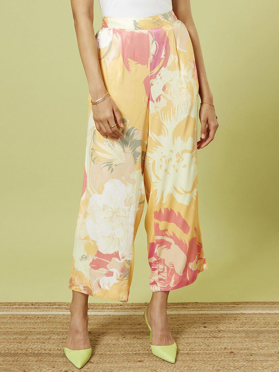 marigold lane women floral printed straight fit high-rise cotton trousers