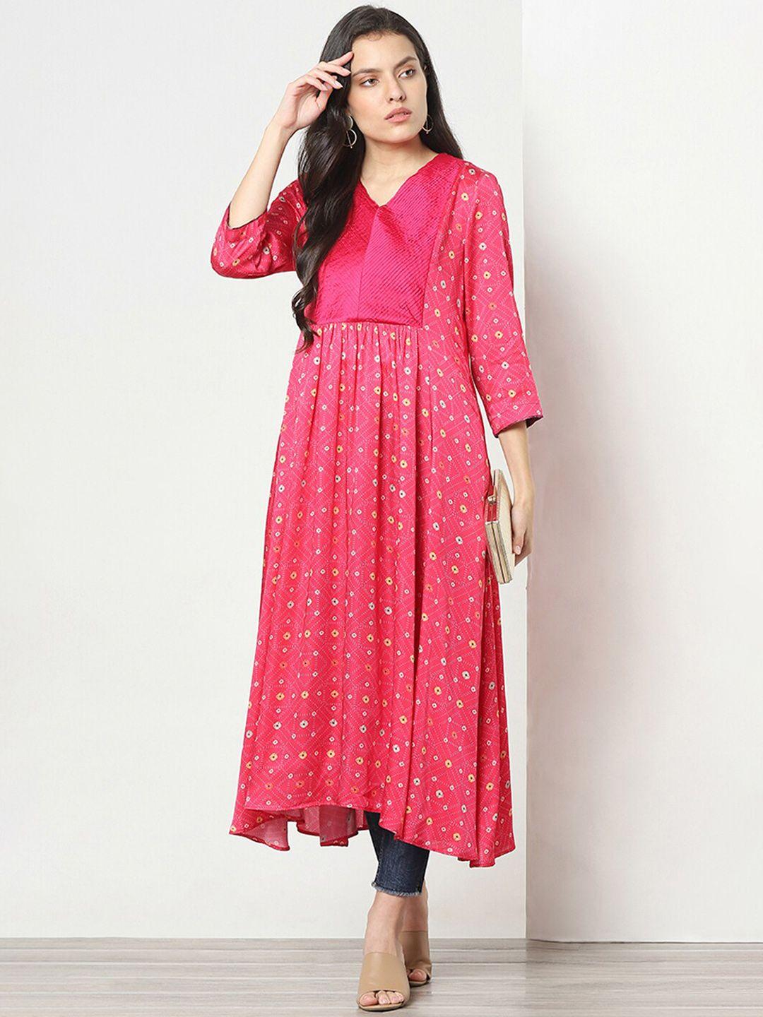 marigold lane women fuchsia geometric printed mirror work anarkali kurta