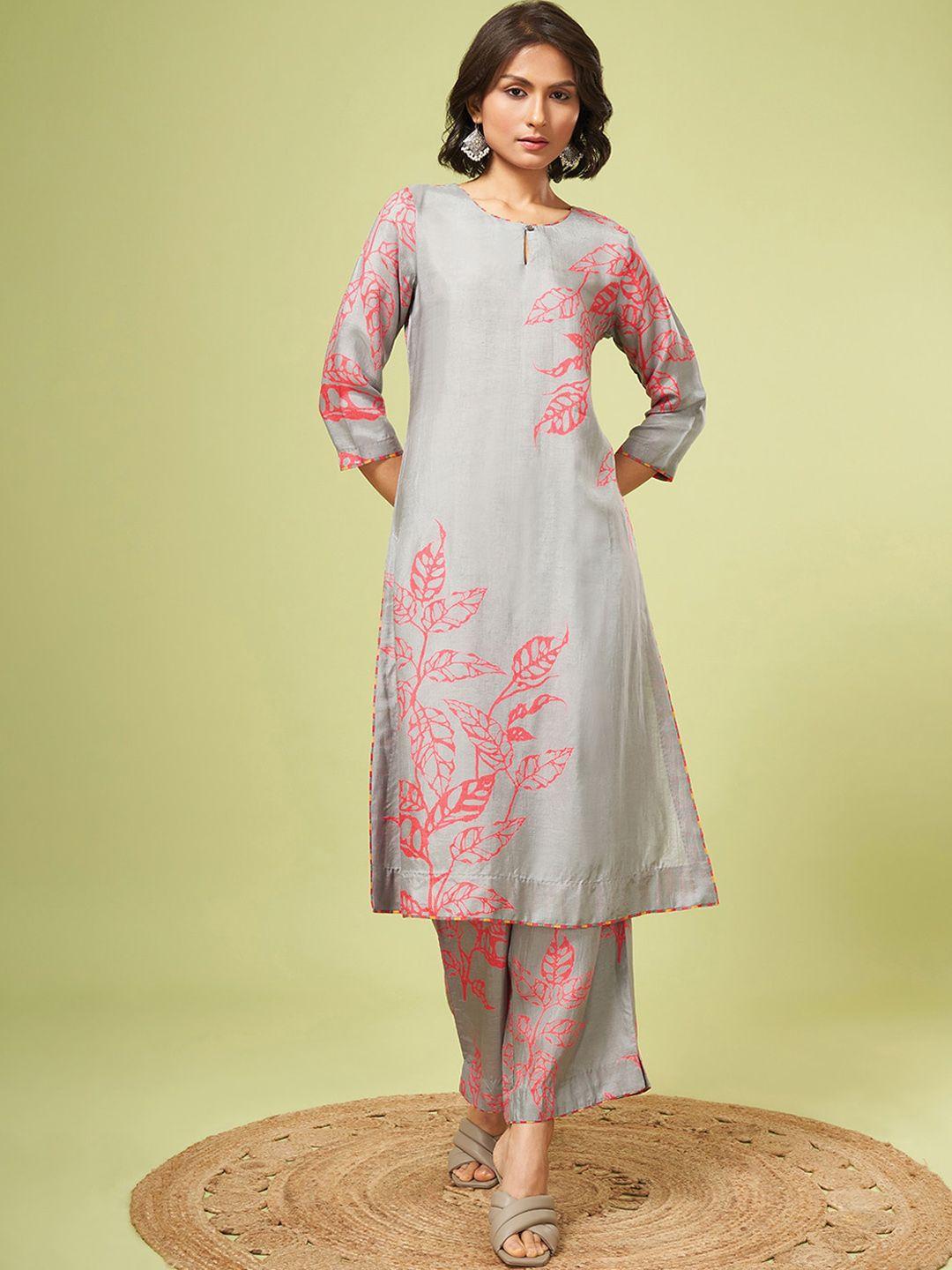 marigold lane women grey floral printed regular linen kurta with trousers