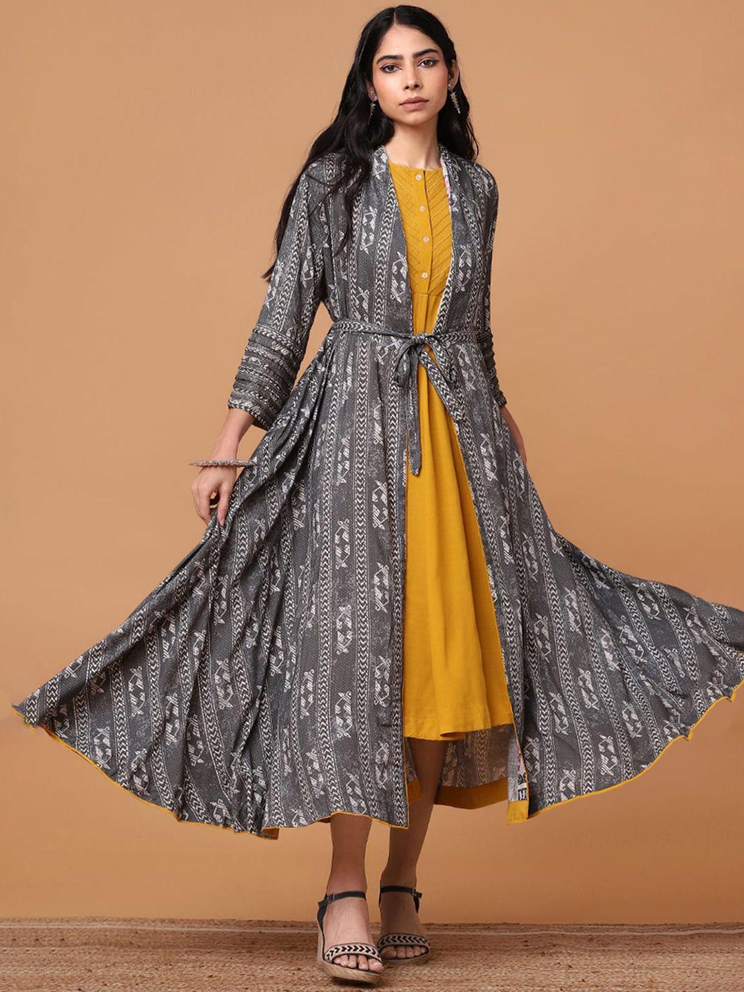 marigold lane women grey yoke design mirror work anarkali kurta