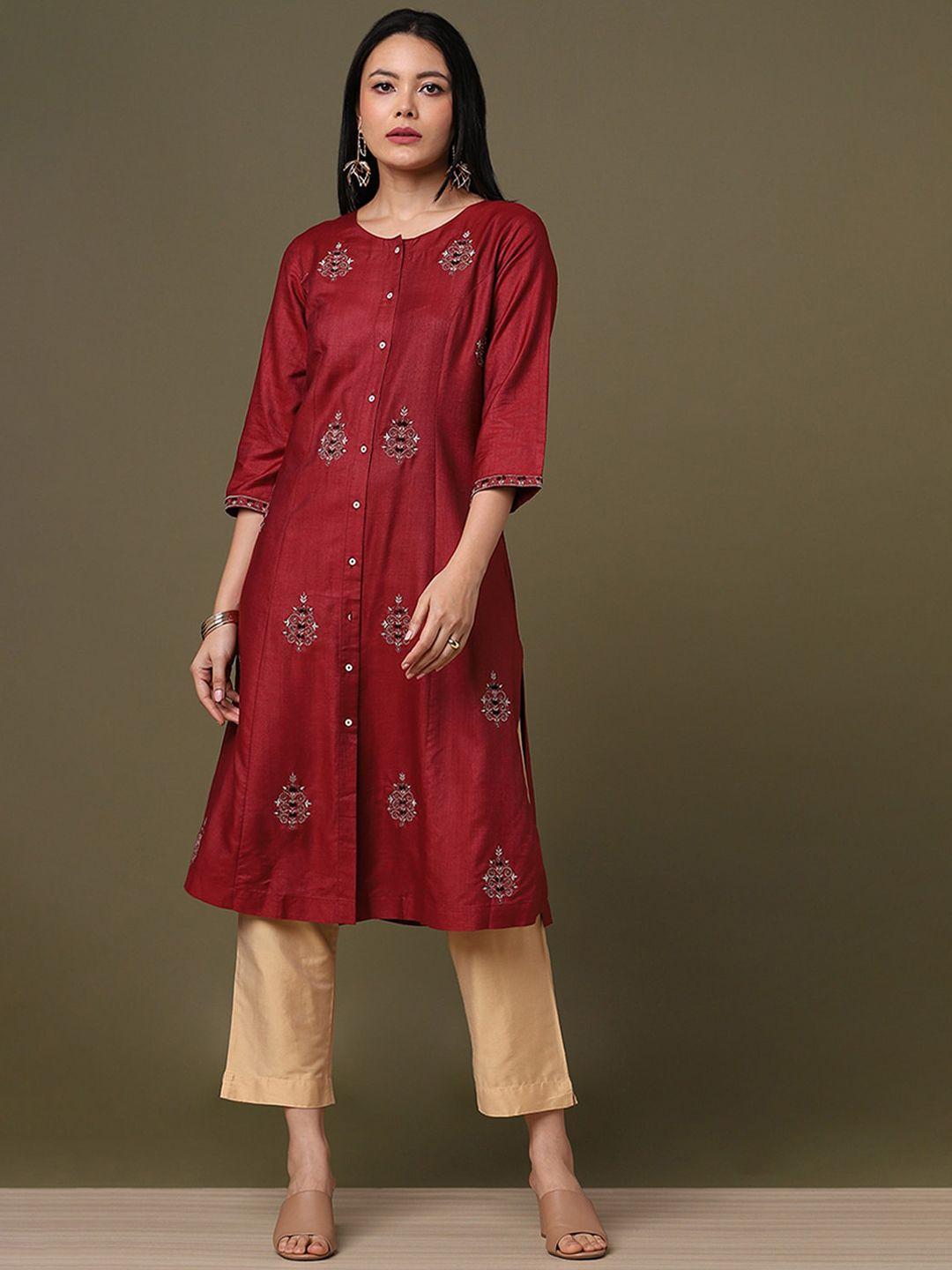 marigold lane women maroon ethnic motifs embroidered keyhole neck flared sleeves mirror work kurta