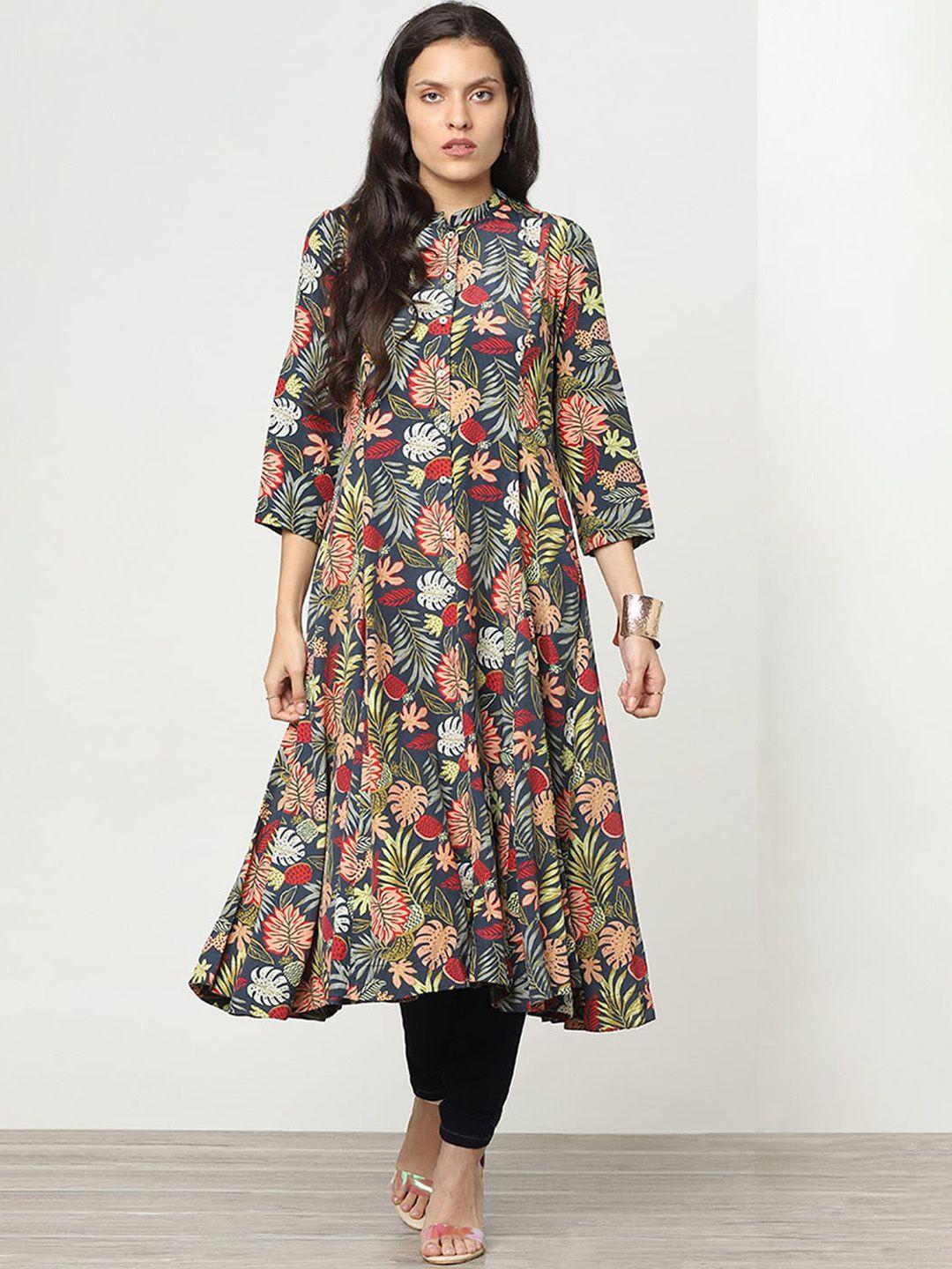 marigold lane women multicoloured floral printed flared sleeves thread work anarkali kurta