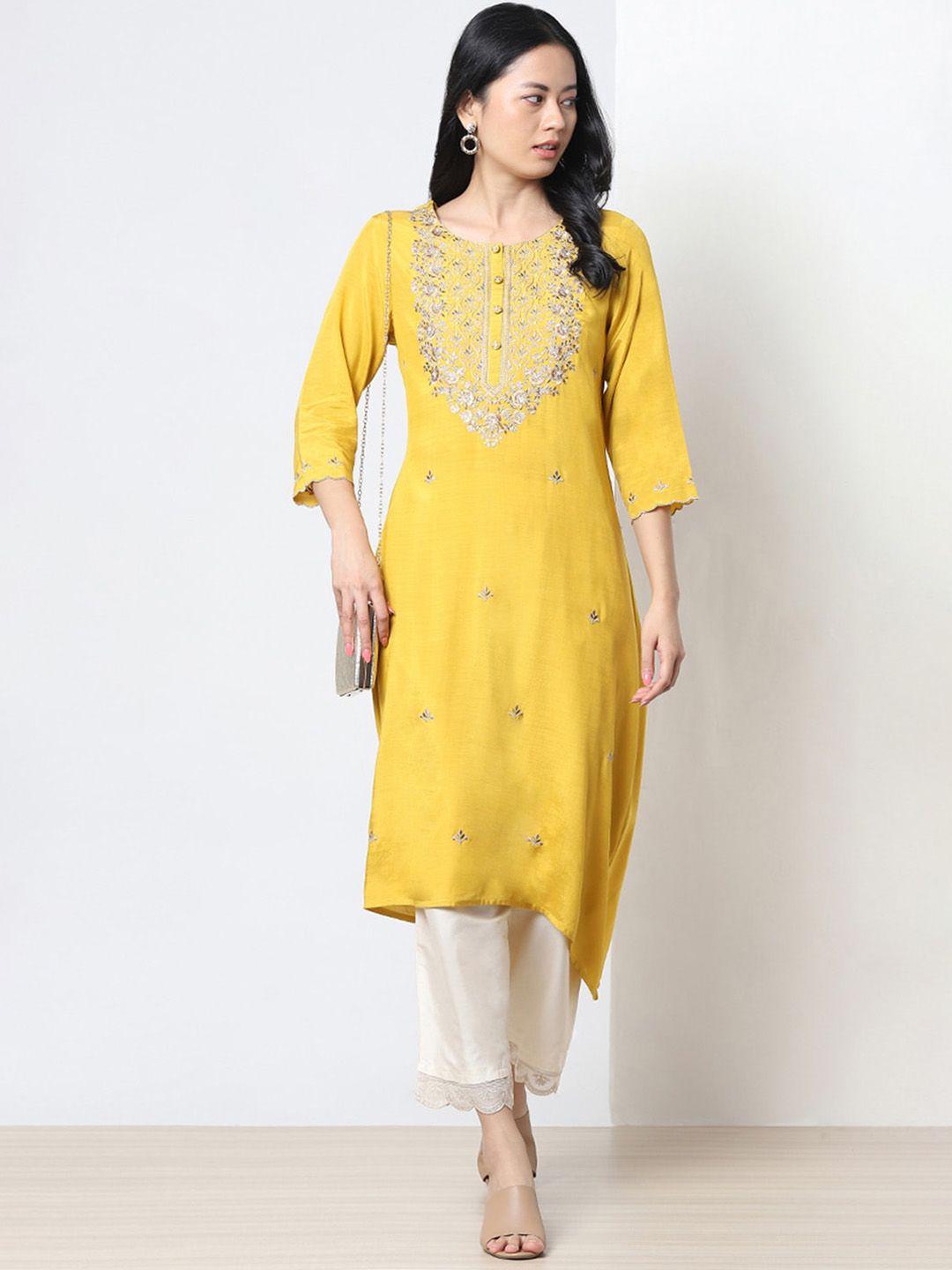 marigold lane women mustard yellow embroidered keyhole neck flared sleeves thread work kurta