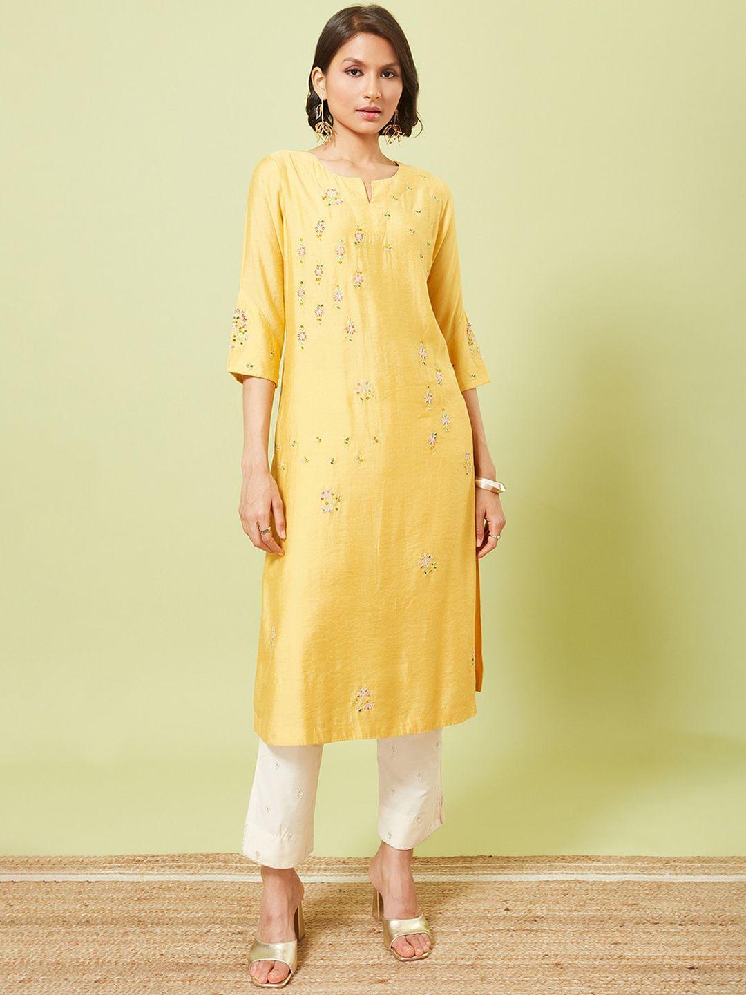 marigold lane women mustard yellow geometric embroidered sequinned pathani kurta