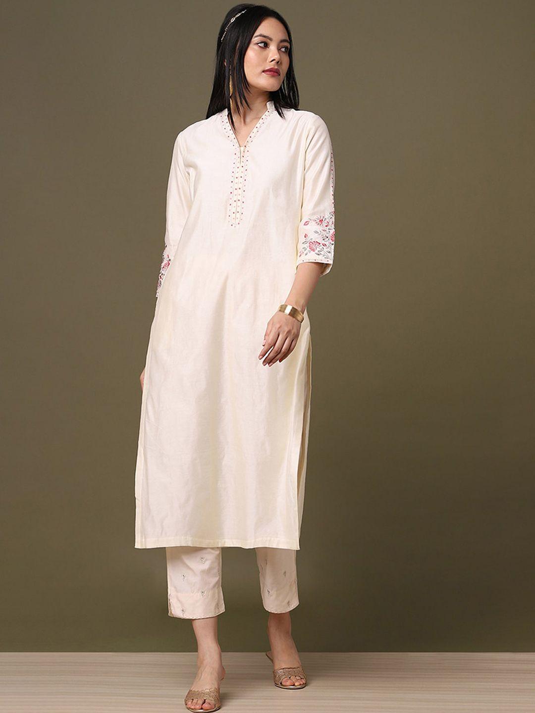 marigold lane women off white geometric yoke design thread work chanderi silk kurta