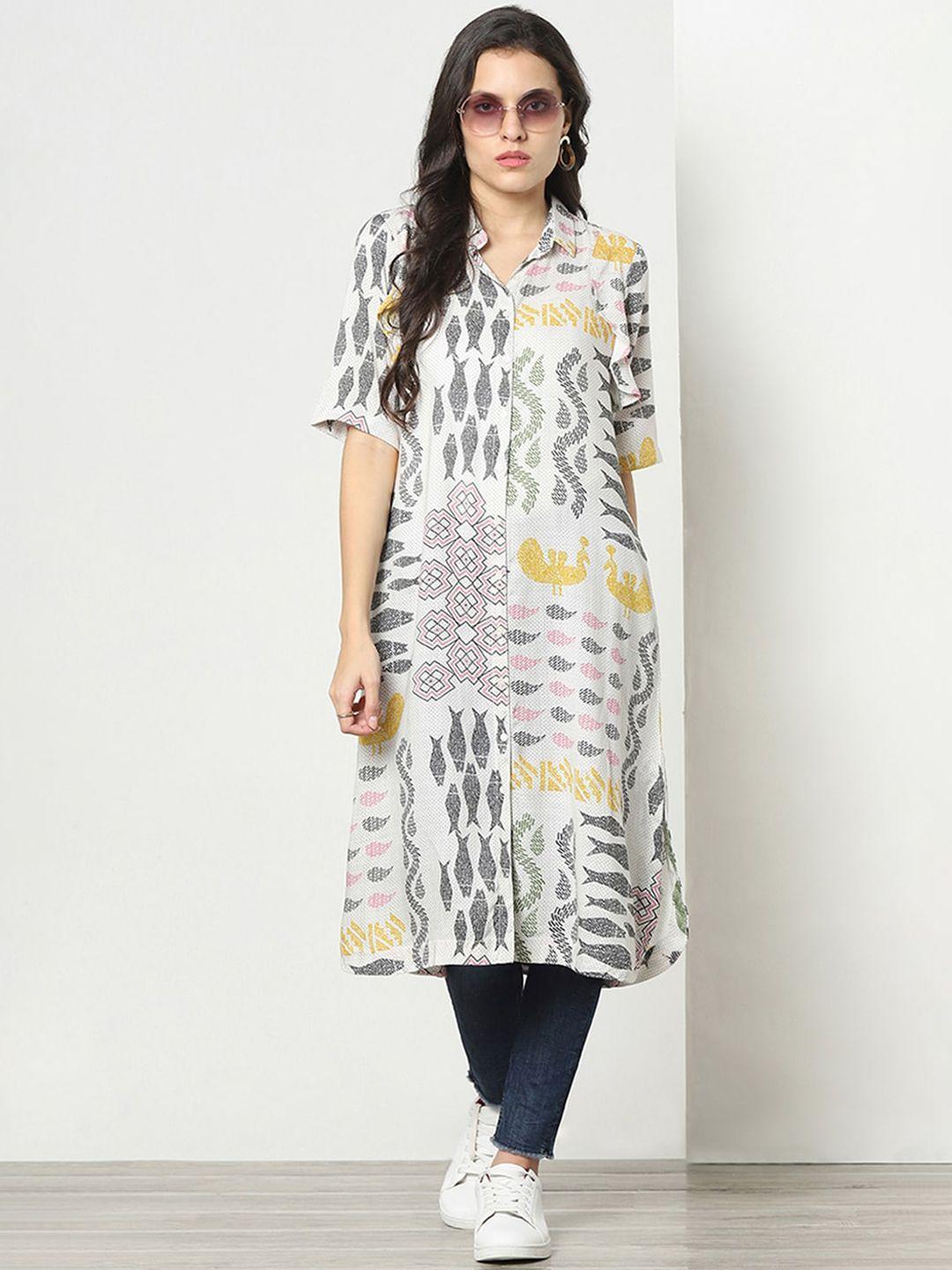 marigold lane women off white printed flared sleeves kurta