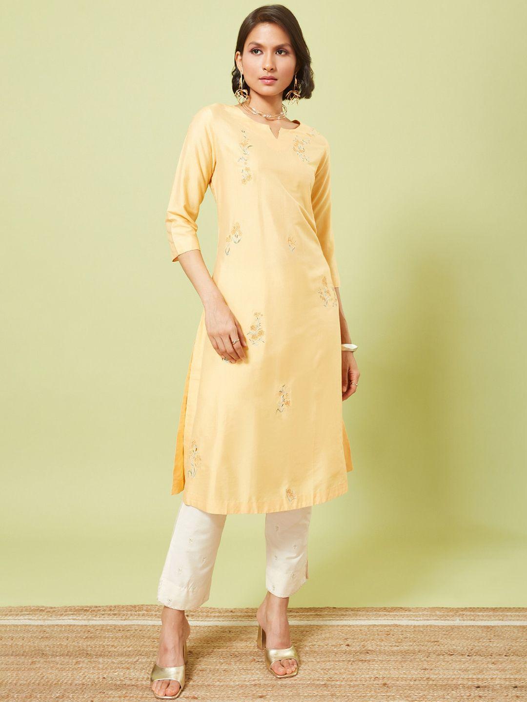 marigold lane women yellow geometric embroidered pathani kurta