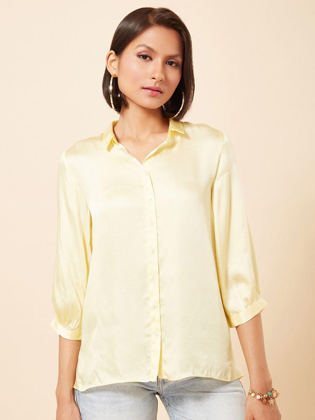 marigold lane yellow mandarin collar cotton top