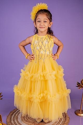 marigold yellow butterfly net hand embellished gown for girls