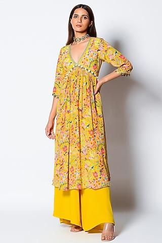 marigold yellow hand embroidered kurta set