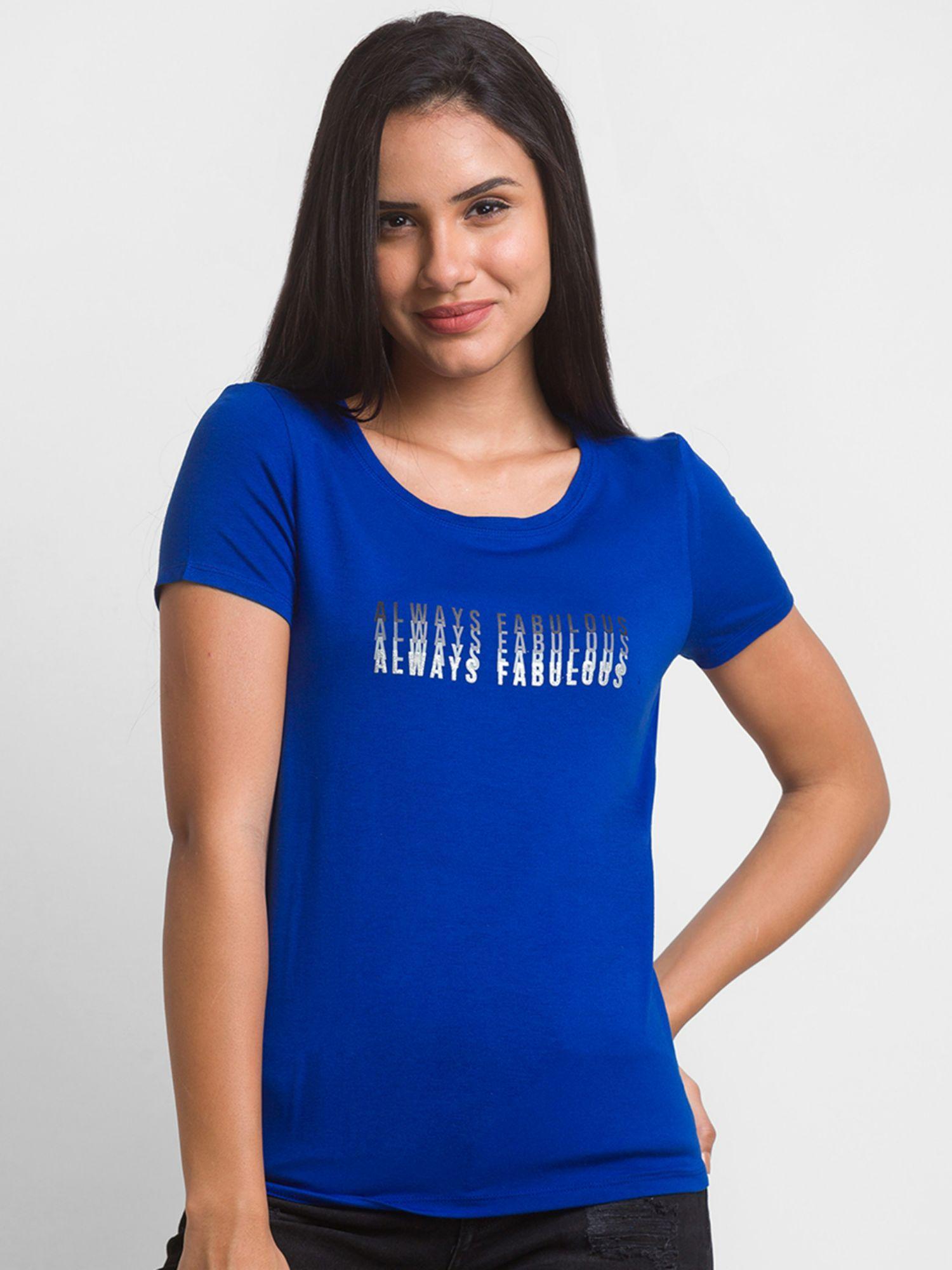 marine blue cotton half sleeve printed casual t-shirt for women