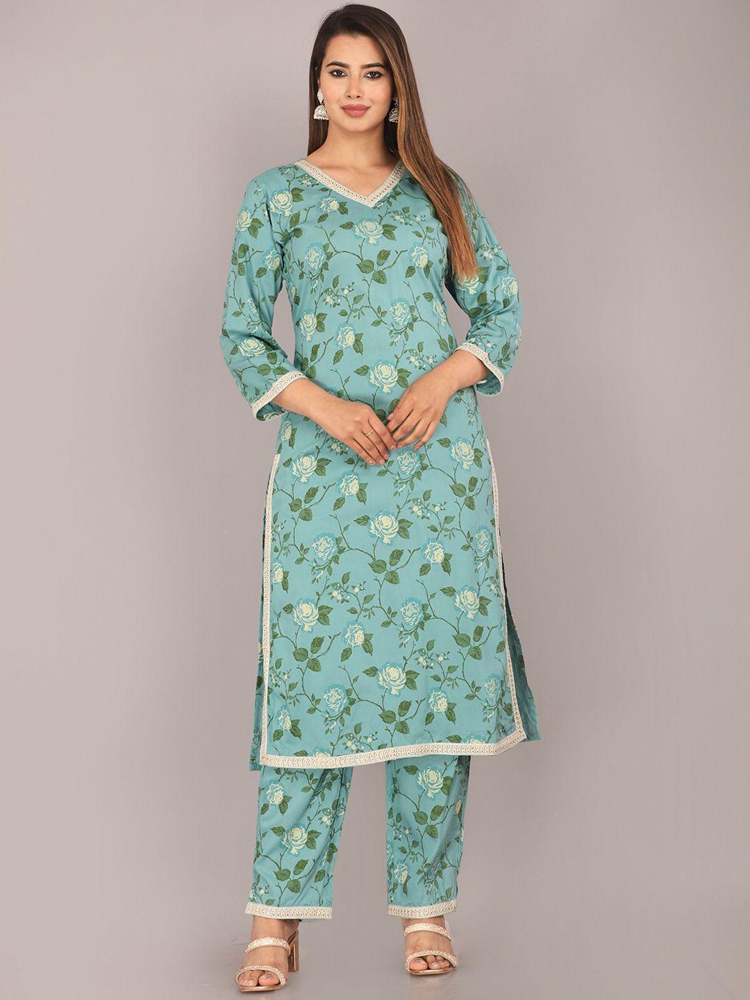 marisy women floral printed regular thread work kurta with trousers