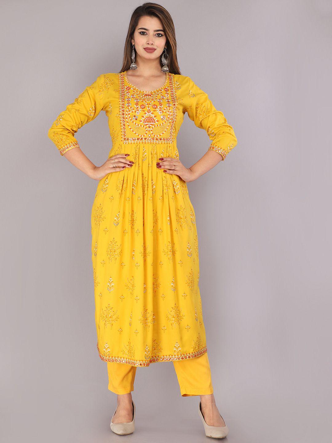 marisy women yellow floral embroidered empire thread work kurta with trousers