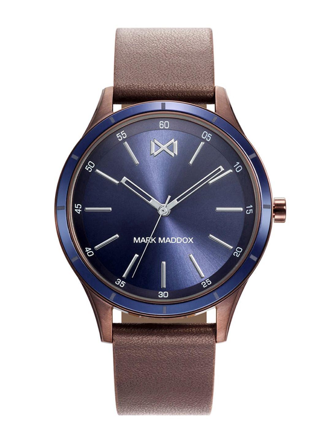mark maddox men round dial & leather straps analogue watch- hc7114-37
