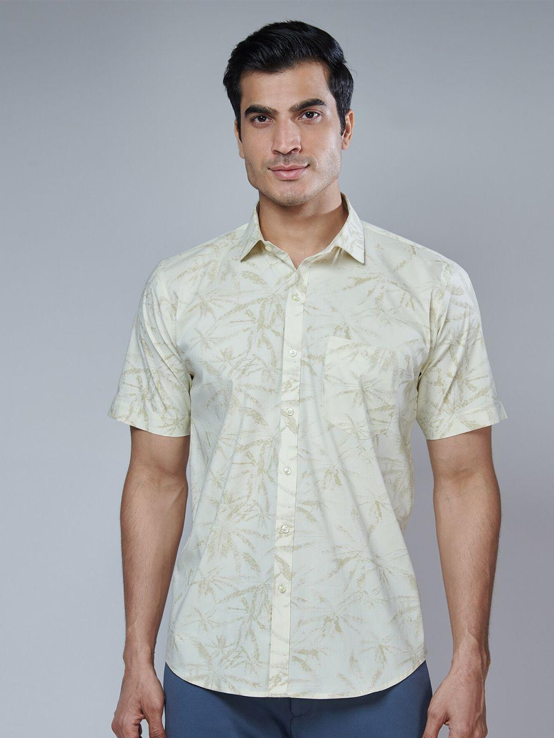 mark & albert men beige classic slim fit floral printed cotton casual shirt