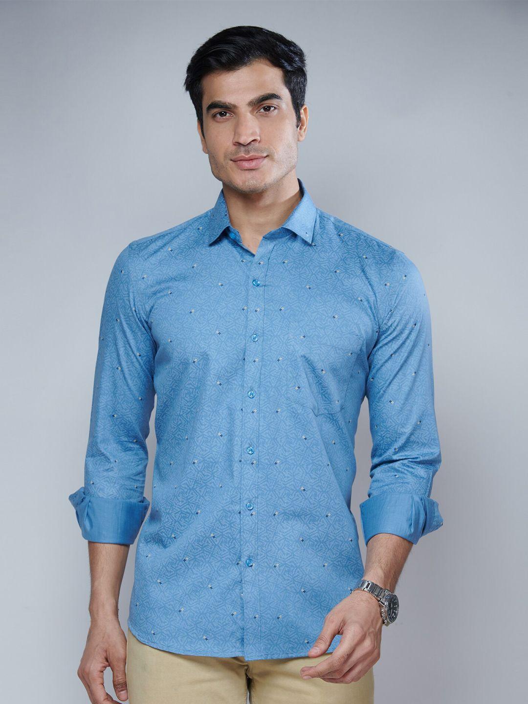 mark & albert men blue classic slim fit printed cotton casual shirt