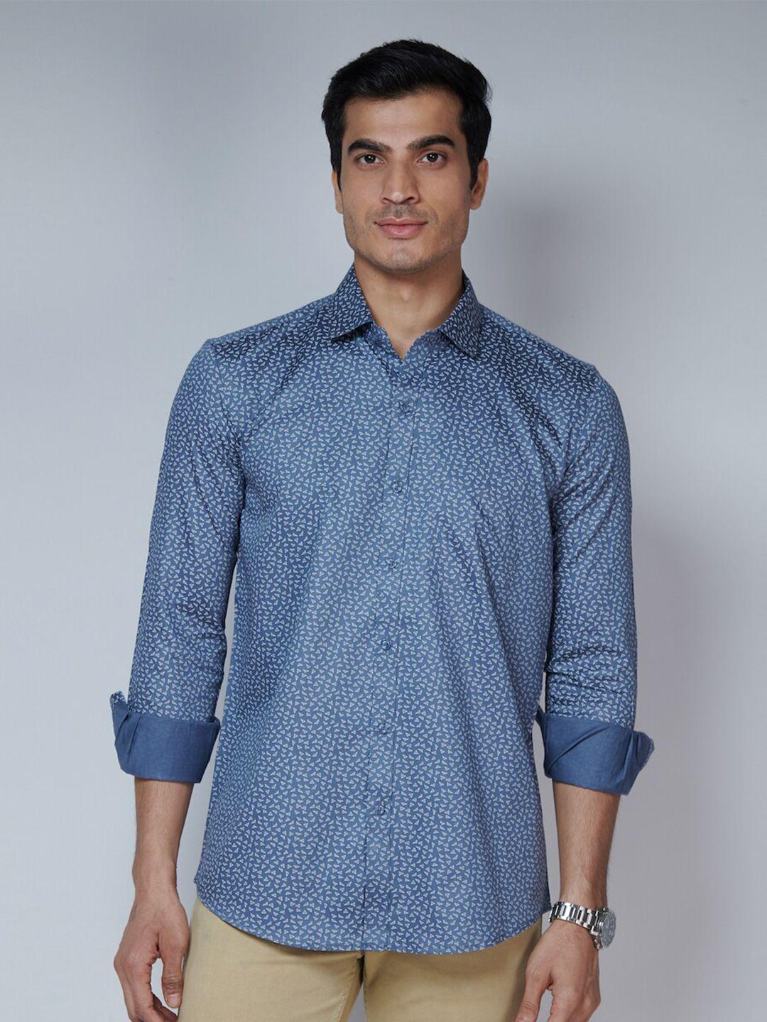 mark & albert men blue classic slim fit printed cotton casual shirt