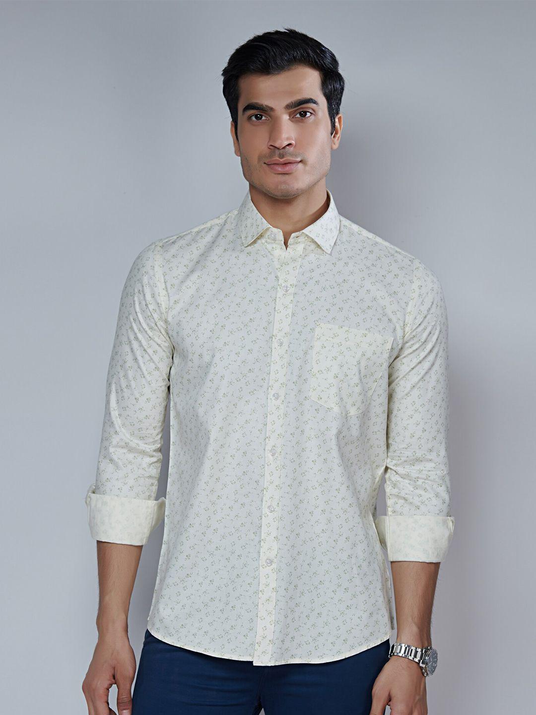 mark & albert men cream-coloured classic slim fit printed cotton casual shirt