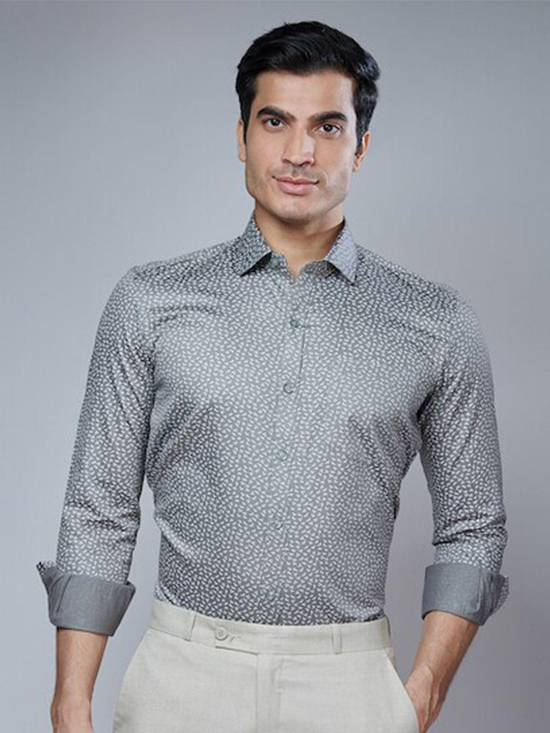 mark & albert men grey classic slim fit printed cotton casual shirt