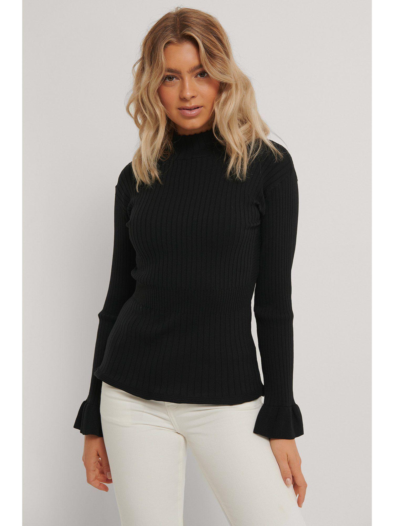 marked waist ribbed knitted sweater-black