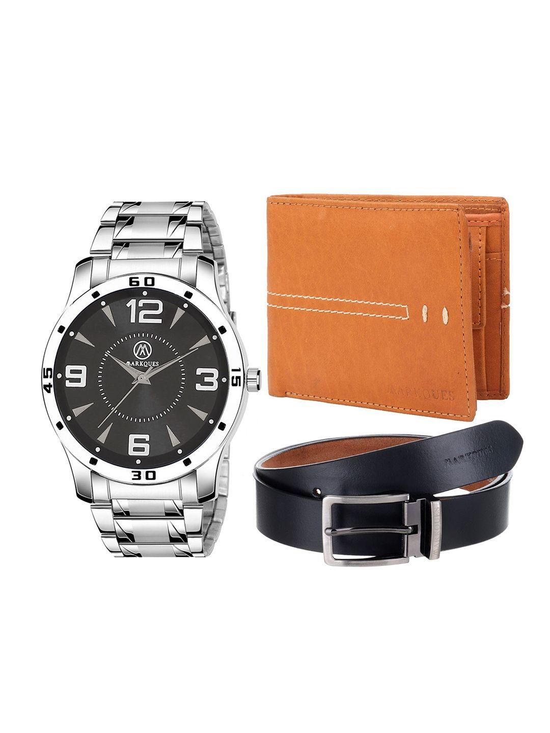 markques men brown & silver-toned solid accessory gift set