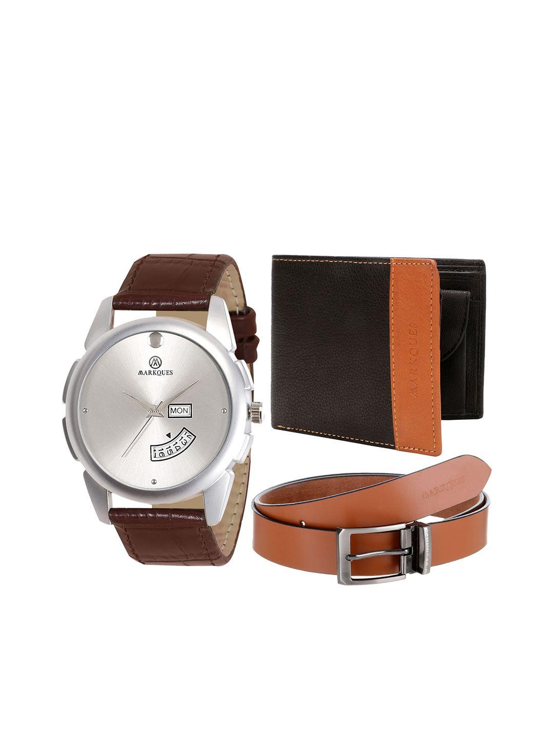 markques men brown solid leather accessory gift set