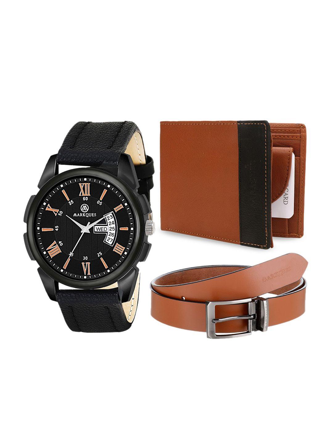 markques men black & brown solid leather accessory gift set