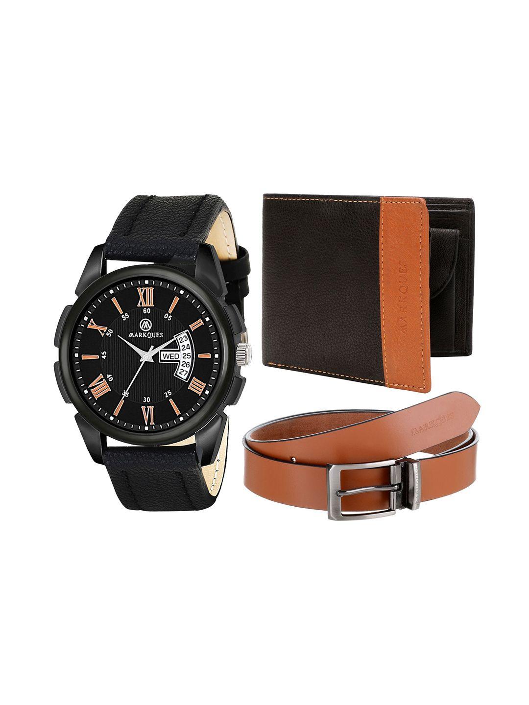 markques men black & brown textured leather accessory gift set